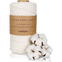 Ampara Soft Makramē dzija 4 mm x 120 m, 100% kokvilnas dzija (Makramē dzija bez ķimikālijām augstas kvalitātes rokdarbiem)