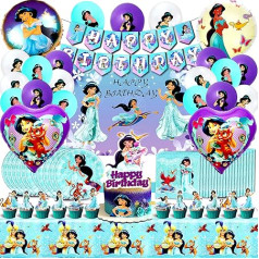 Princess Jasmine Birthday Decoration, Jasmine Balloon, Paper Plates Princess Jasmine, Aladdin Tablecloth, Jasmine Napkins, Cake Decoration, Banner Happy Birthday, Girls Children's Birthday Kit