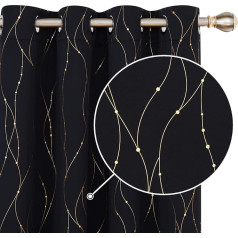 Deconovo Blackout Curtain Gold Line and Dot Eyelet Curtain Opaque