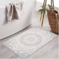 Boho mazie vannas istabas paklāji 60 x 90 cm, pelēks mandala mīksts durvju paklājs ar Pom Pom bārkstīm Metu paklāji neslīdošs mazgājams pūkains paklājs ieejas zonai vannas izlietne guļamistaba
