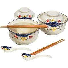 Ceraozmus Keramisko Ramen bļodu komplekts, 800 ml, ar vāku, karoti un nūjiņām, japāņu Vintage lielie zupas trauki, ātri pagatavojamas nūdeles, Āzijas trauki (krāsa x 2)