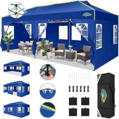 COBIZI Saliekamā lapene 3 x 6 cm Pop-Up lapene Ūdensizturīga stabila ziemcietīga saliekama ballīšu telts ar 6 sānu sienām UV aizsardzība Dārza lapene ar atstarojošām joslām un ventilācijas atveri