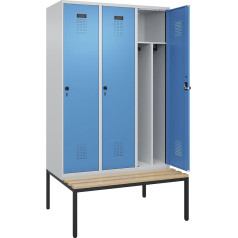 kaiserkraft | Spind Evolo Plus mit Trennwand mittig und Sitzbank | 3 Abteile | Trennwand mittig | lichtgrau/lichtblau | B 1200 mm | Sicherheits-Drehriegel | mit untergebauter Sitzbank | Buche