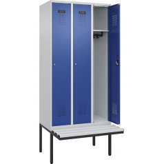 kaiserkraft | Spind Evolo Plus Sitzbank | 3 Abteile | lichtgrau/enzianblau | B 900 mm | Zylinderschloss | mit auskragender Sitzbank | Kunststoff