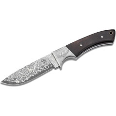 BÖKER PLUS® M-One Damaskas medību nazis - elegants damaskas nazis ar fiksētu asmeni un ādas maksti - ripināšanas nazis ar plakanu koka rokturi - damaskas āra nazis dāvanu kastītē