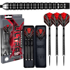 Harrows SUPERGRIP Ultra šautriņu komplekts ar 90% volframa tērauda uzgaļiem Pieejams 21g, 22g, 23g, 24g, 25g, 26g, 26g, 28g un 30g - ietver Supergrip oglekļa vārpstiņas, Supergrip lidojošās lidmašīnas un ceļojuma futrāli 25g