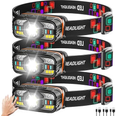 POCKETMAN 3 LED lukturu komplekts, 6 gaismas režīmi ar kustības sensoru, balta gaisma un sarkana gaisma, C tipa uzlādējams, iebūvēts akumulators, īpaši spilgts lukturis, kempings, skriešana, makšķerēšana, avārijas situācijas