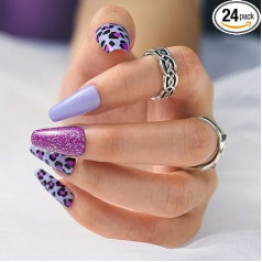 Sethexy Long Purple Purple Balerīna False Nail Leopard Sparkle Coffin False Fingernails Shiny Pack of 24 Acrylic Art Nail Tips sievietēm un meitenēm