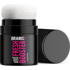 Sausais šampūns Pulveris Svaigs impulss starp matu mazgāšanas reizēm pret taukainām saknēm Īpaša apjoma veidošanas pulveris 24 stundu svaiguma sajūta Vegan Brains & Sons Fresh Booster