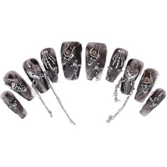 PN-015 Press-On Nails Painted 10 gabali atkārtoti izmantojami mākslīgie nagi Skull Skeleton Halloween Gothic Grey