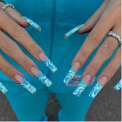 24 gabali Stick On Nails Press On Nails French Tip False Nails ar līmi Akrila pilns vāks viltus nagu balerīna zārks viltus nagi sievietēm un meitenēm (SeaSalt)