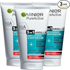 Garnier SkinActive PureActive 3-in-1 attīroša māla skrubja maska ar attīrošu, eksfoliējošu un matējošu efektu kombinētai ādai ar nepilnībām - 3 pudelītes pa 150 ml