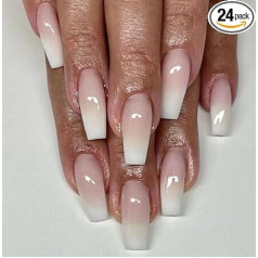 JUSTUSNX 24 gabali Square White Gradient False Nails False Nails Long French Press on Nails sievietēm un meitenēm