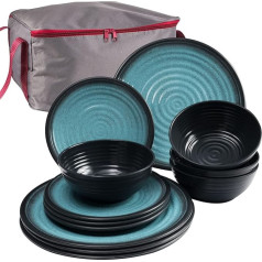 Kempinga trauku komplekts no melamīna Blue 13 gabali ar uzglabāšanas maisiņu - 4 cilvēki, pusdienu trauki, kempinga trauki, galda piederumi, pikniks, kempinga trauki, šķīvji, bļodas, bļodas, galda piederumi ar Zip maisiņu