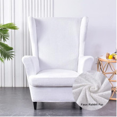 Highdi 2-daļīgs spārnu krēsla pārvalks, krēslu pārvalki, aizsargpārvalki, elastīgs stiepļu tīģera krēsla pārvalks ar roku balstu, augsta atzveltne (balta truša kažokādas imitācija)