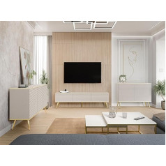 Mirjan24 Orenate MDF II viesistabas komplekts, sienas panelis, viesistabas skapis, skapja siena, frēzēta fasāde, atvēršanas sistēma bez rokturiem komplektā: Kumode, TV skapītis (bēšs/bēšs + zelts)