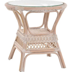 Krines Home Rattan galds, sānu galds, lauku mājas rotangpalmas galds ar stikla virsmu, viesistaba, kafijas galdiņš (Vintage White, diametrs 65 cm)
