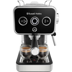 Russell Hobbs Espresso automāts [Portafiltru automāts] Distinction Stainless Steel Black (15 bāru, 1 un 2 krūzes, ESE spilventiņi, automātiska dozēšana un apkalpošana. opcija, tvaika sprausla karstam ūdenim un piena putām)