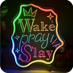 Wanxing Wake Pray Slay Neon Sign, LED Sign Sienas apdare meiteņu istabai, Crown Star Neon Light Lettering guļamistabai, birojam, darba vietai, dzīvojamās istabas logu apdare, neona zīme, dāvana meitenēm