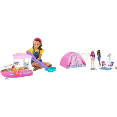 Barbie Dream Boat (111 cm) & Let's Go Camping Tent, 2 lelles, 1 x blondīne, 1 x melna, aksesuāri, trusis, vāvere, dāvana bērniem, rotaļlieta no 3 gadiem, HGC18