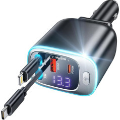 Rolgno izvelkamais auto lādētājs, [4 portu ātrās uzlādes auto] 72W cigarešu aizdedzinātāja USB C adapteris, PD30W & QC3.0 auto lādētājs, 65 cm dubultā kabeļa auto lādētājs, uzlādes kabelis automašīnai iPhone/Galaxy uc