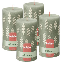 Bolsius Rustic Pillar Candles Silhouette - Zaļš ar apdruku - 4 sveces - 13 x 7 cm - Ilgstoša degšana - Sadzīves sveces - Sastāv no dabīga augu vaska - Bez palmu eļļas