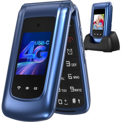 4G salokāms mobilais tālrunis senioriem ar lielām pogām, Dual SIM flip mobilais tālrunis ar uzlādes staciju, SOS avārijas izsaukuma funkciju, ātrās izvēles funkciju, lukturīti, FM radio, 2,4 + 1,77 collu divu krāsu displeju,