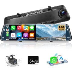Alpinetech 12 collu 4K atpakaļgaitas kameras spogulis ar bezvadu CarPlay Android auto, Dashcam auto spogulis ar G-sensoru G-sensoru Loop Recording Bluetooth Mirror Link WDR AUX 64G SD karte HD Touchscreen
