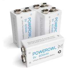 POWEROWL 9 V akumulators, 9 V bloka akumulators 600 mAh litija jonu uzlādējamas baterijas ar zemu pašizlādes līmeni 10 gadu dūmu detektoram, iepakojumā 4 gab.