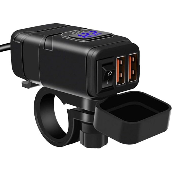 Kriogor Dual USB motociklu auto lādētājs, 3.0 ātrais lādētājs un 6-30 V LED voltmetrs ar neatkarīgu slēdzi, IP65 ūdensizturīgs auto lādētājs 12 V laivai SUV Marine