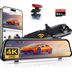 Vtopek 4K Dash Cam Car 12 collu spoguļa kamera ar 1080P atpakaļskata kameru atpakaļskata spoguļa kamera ar WiFi 64 GB karti IPS skārienekrāns Dual Dash Cam spogulis ar cilpas ierakstīšanu G-sensors WDR Night