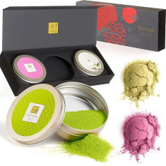 Tējas Uniqo Matcha pulvera komplekts ar rozā matcha, vaniļas matcha un Matcha Pure, tējas dāvanu komplekts ar pūķa augļu pulveri un Matcha Latte pulveri