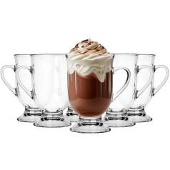 Glasmark Krosno 1992 glāžu komplekts Kafijas glāzes ar rokturi rokturis Latte 6 gabali 380 ml kafijas tējas Latte stikla tējas krūzes Stikla tumbls dzeramā stikla trauku mazgājamā mašīnā Elton caurspīdīgs