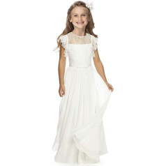 Boho gara bērnu mežģīņu kleita, šifona kleita ar jostu un īsām tauriņa piedurknēm/Chic A-line komūnijas kleitas, līgavas kleitas, puķu meitenes kleitas meitenēm 2-12 gadi