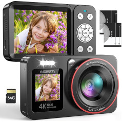 DEATTI 4K digitālā kamera, FHD 64MP fotokamera ar diviem ekrāniem, 18X autofokusa kamera, digitālā kamera pusaudžiem, kompaktā kamera ar 64G SD karti bērniem, pieaugušajiem, vecākiem iesācējiem, melna