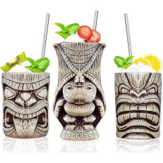 Tiki krūzīšu komplekts - kokteiļu glāzes, 3 keramikas krūžu komplekts eksotiskām ballītēm, bāriem