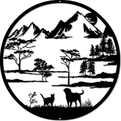 Berg und Wald Metall Wand Māksla, Hund und Katze Wand Dekoration Silhouette Kunst, Rustikale Wand Skulptur Hängen Home Decor für Garten Indoor Outdoor(19.7Inch)