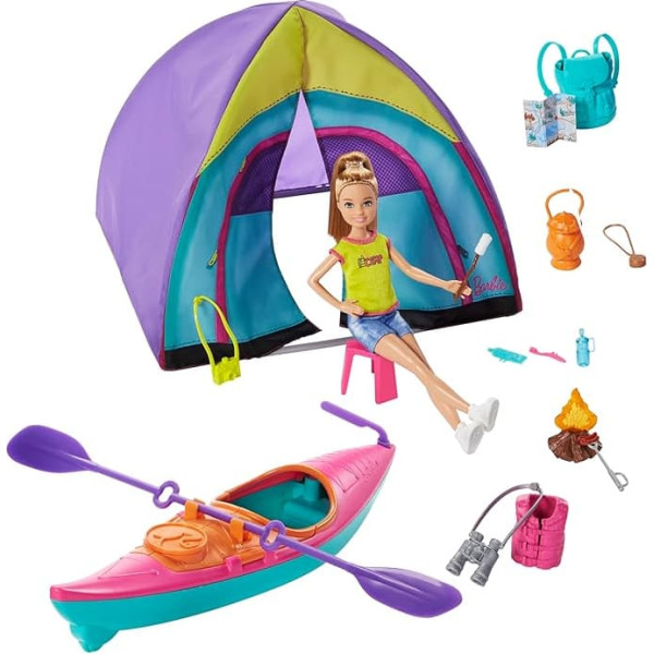 Barbie GJB58 Lelle Stacie un vasaras nometnes rotaļu komplekts ar telti, kajaku un vairāk nekā 15 piederumiem