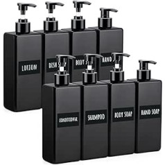 Segbeauty Set of 8 500 ml Pump Bottles for Shampoo, Reusable Plastic Soap Dispenser for Filling, Refillable Empty Lotion Bottles, for Kitchen, Bathroom, Liquid Soaps, Includes Waterproof Labels, Black