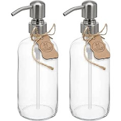 ALTGLAS Soap Dispenser 'Sarajevo' - Double Dispenser Set Made of Clear Glass Bottle with 304 Stainless Steel Pump Head in Brushed Silver (2 Pieces of 500 ml)