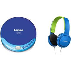 Lenco CD-011 pārnēsājams CD atskaņotājs Walkman — Diskman — CD Walkman — zils un Philips SHK2000BL/00 bērnu austiņas, krāsainas LED gaismas, 85 dB skaļuma ierobežojums, trokšņu izolācija