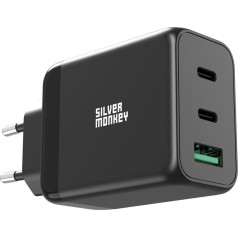 Silver Monkey Сетевое зарядное устройство GaN 65 Вт 2x USB-C PD 1x USB-A QC 3.0 черный