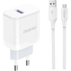 Dudao USB-A 18W tīkla lādētājs ar USB-A - microUSB kabeli, balts