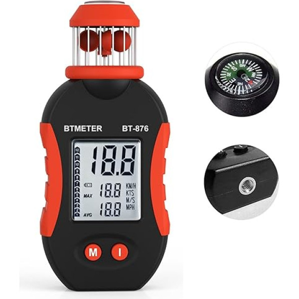 BTMETER BT-876 Mini rokas kauss anemometrs, digitālais kabatas anemometrs, mēra 0,7 ~ 42 m/s vēja ātrumu ar Avg/Max gaisa plūsmas displeju dronu lidojumiem, HVAC, burāšanai