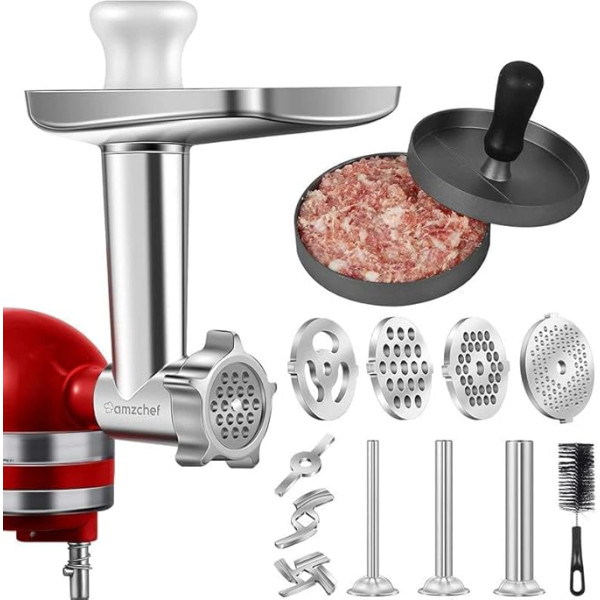 Gaļasmašīnas piederumi KitchenAid Artisan gaļasmašīnai Kitchen Aid Komplektā ietilpst 3 desu pildītāji, 4 malšanas plāksnes, 2 asmeņi, burgeru prese, tīrīšanas birste (Artisan nav iekļauts, tikai piederumi)