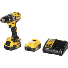 DeWalt XR 5Ah akumulatora urbjmašīna/skrūvgriezis (akumulatora urbjmašīna ar divu ātrumu pilnmetāla transmisiju un bezsuku motora tehnoloģiju, ideāli piemērota ilgstošai lietošanai / 1 x akumulatora skrūvgriezis Li-Ion 18 V + 2 akumulatori) D