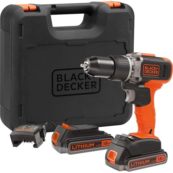 BLACK+DECKER BCD003ME2K-QW Akumulatora urbis ar āmuru - 45 Nm - 1400 apgr./min - 21000 apgr./min - 2 ātruma iestatījumi - 2 ātrumi - 2 akumulatori - lādētājs komplektā - piegādāts 18V korpusā