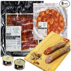 EL ARCON | Iepakojums Spānijas Pata Negra šķiņķis 75g un Lomo de Bellota desa 75g, Melnais zīmogs | Pusbarjeras 450g Ibērijas chorizo un 450g augstākās kvalitātes salami | Jabugo zona