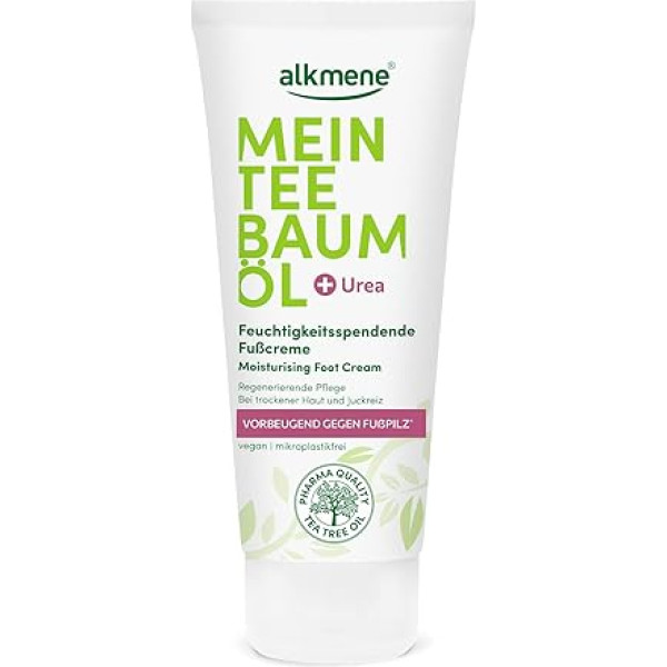 Alkmene My Tea Tree Oil Foot Cream 100 ml Profilaktisks līdzeklis pret sportistu pēdām - dabīga, tīra tējas koka eļļa, vegāniska un klimatiski neitrāla - mitrinošs pēdu krēms ar urīnvielu sausai ādai un niezei