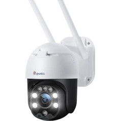 Ctronics PTZ Dome WiFi āra drošības kamera, 1080P IP kamera, bezvadu ar cilvēka kustības sensoru, 30 m krāsu nakts redzamība, IP66 ūdensnecaurlaidība, divvirzienu audio, automātiska sekošana.